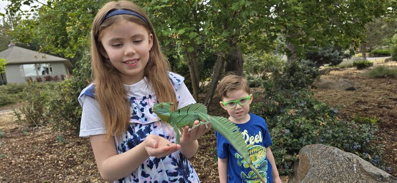Girl holding a green basilisk while a boy watches