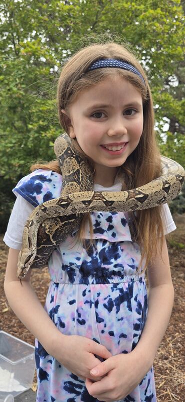 Smiling girl with a boa constrictor draped over her shoulders
